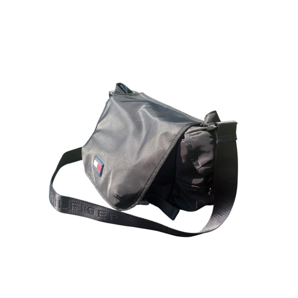 Tommy Hilfiger Womens OS/TU Satchel Flap Shoulder Bag Black Nylon White Red Logo - Picture 5 of 7